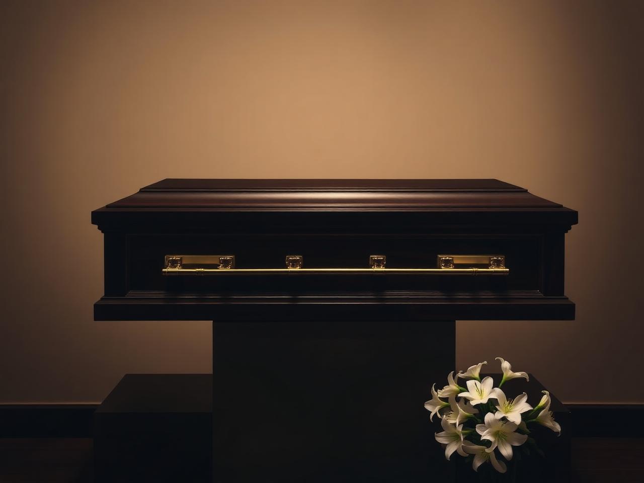 Cofano funebre in legno scuro con maniglie in ottone