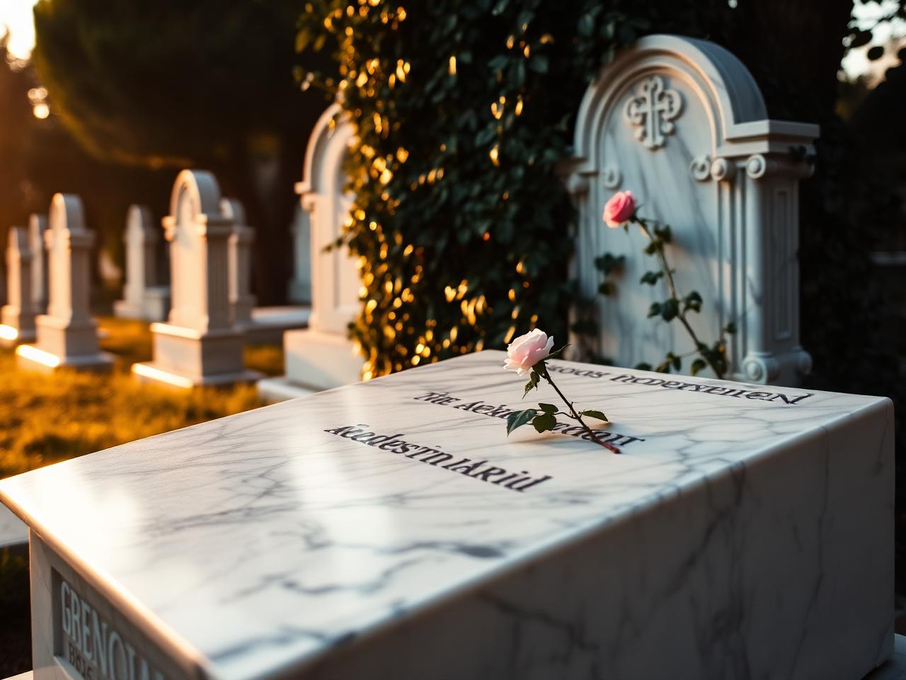 Lapide in marmo bianco con rosa, in un cimitero al tramonto