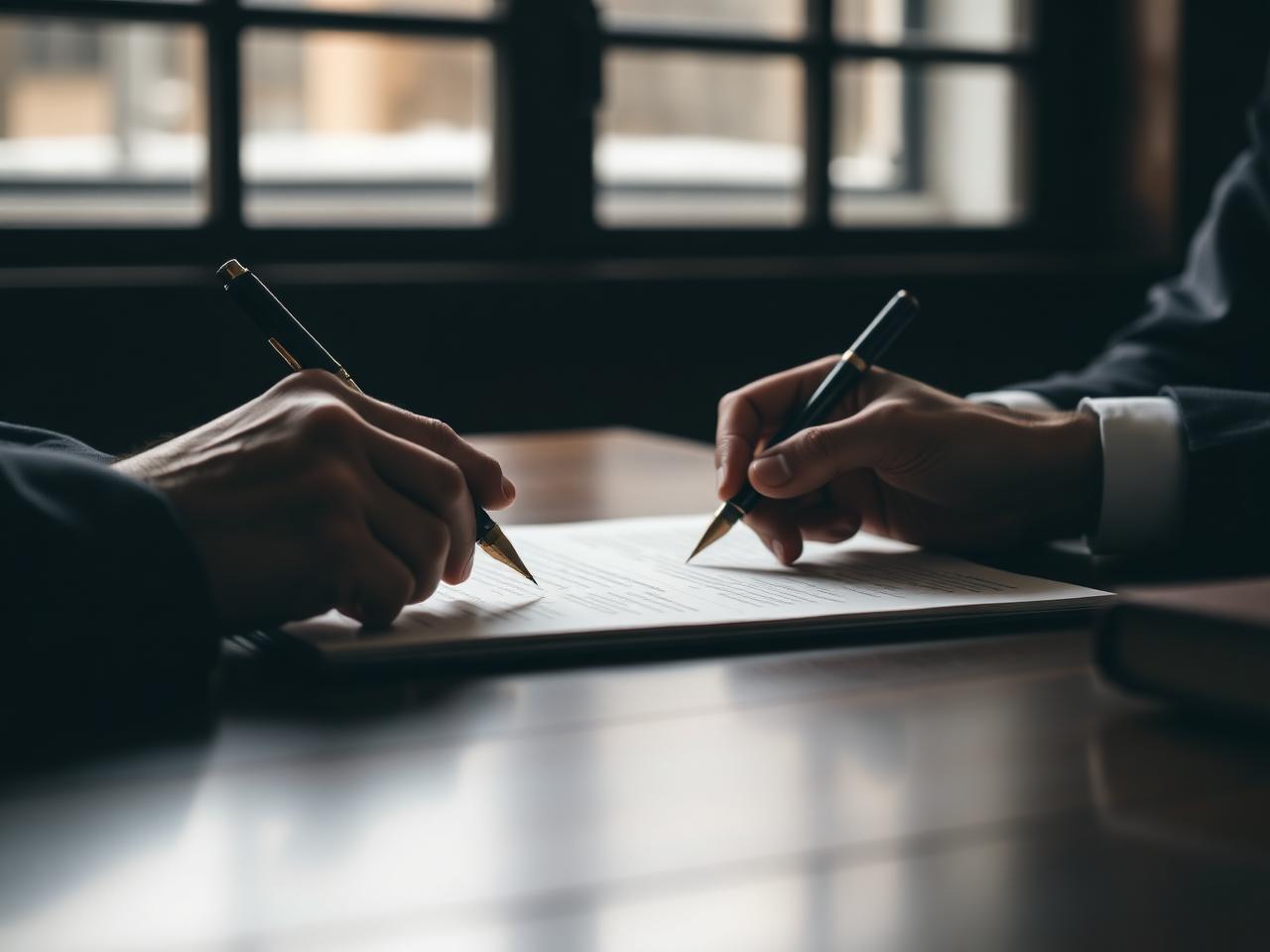 Mani che firmano un documento su una scrivania in legno