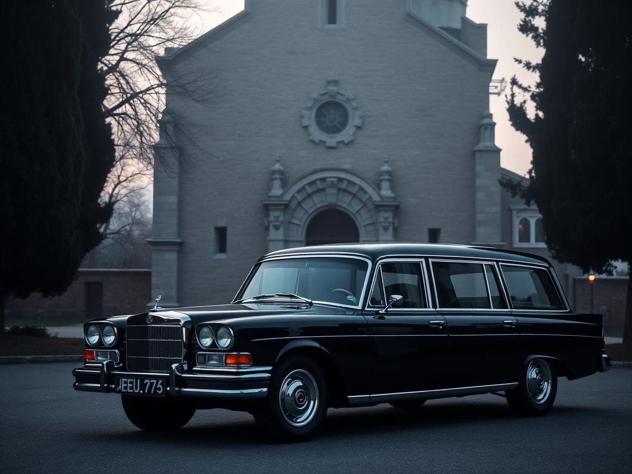 Auto funebre classica davanti a una chiesa al crepuscolo